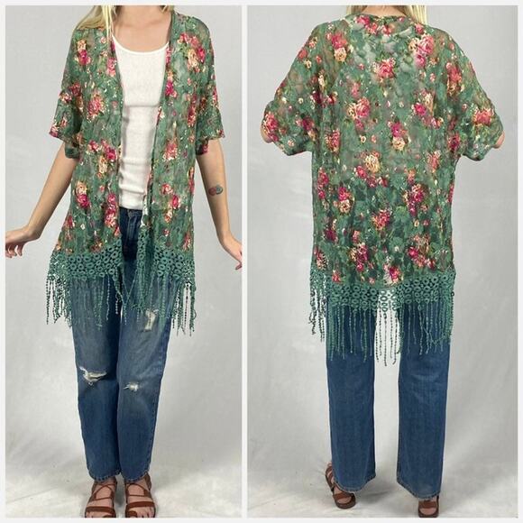 Sweet Rain Sage Floral Mesh Fringe Cardigan Cover Up Shawl Sz Medium - Picture 2 of 11